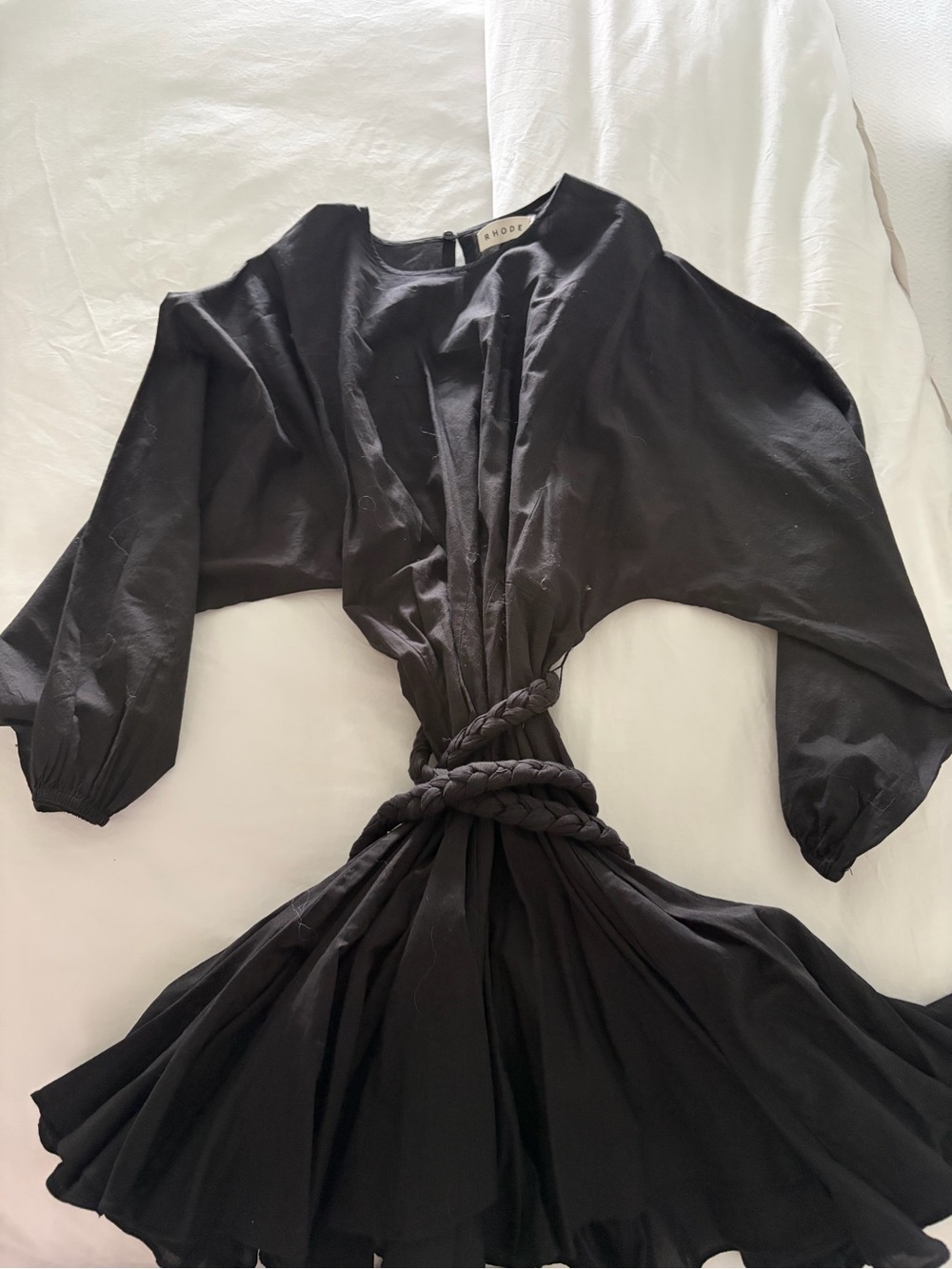 RHODE Black Braided-Waist Long Sleeve Midi Dress